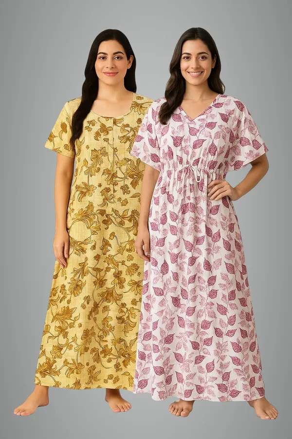Pink_&_Yellow_Cotton_Nighty_For_Women_Free_Size_Kaftan_With_Gown_And_Pocket_Stylish_Kaftan_Maxi_Nighties_Combo_Pack_Of_2