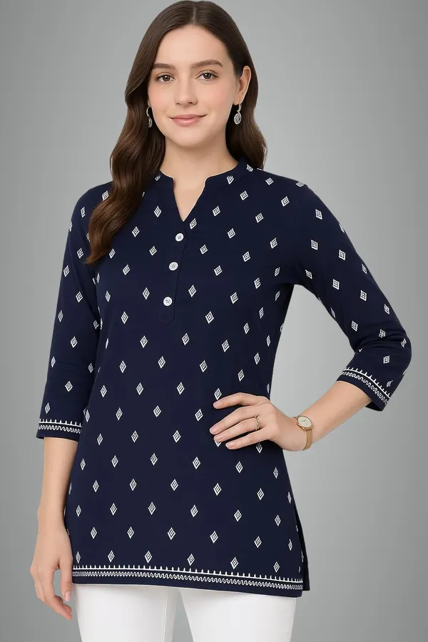 Blue_Rayon_Short_Kurta_For_Women_Top_For_Jeans_Ideal_For_Casual_Office_Wear_Tunics_Printed_Design_Regular_Fit_With_3/4_Sleeves