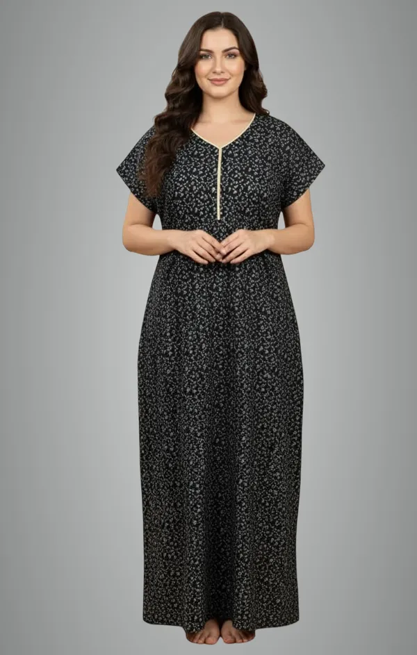 Black_Pure_Cotton_Maxi_With_Pocket_Free_Size_Small_Print_Nighty_Cotton_Maxi_Gown_Stylish_Nighty_For_Women