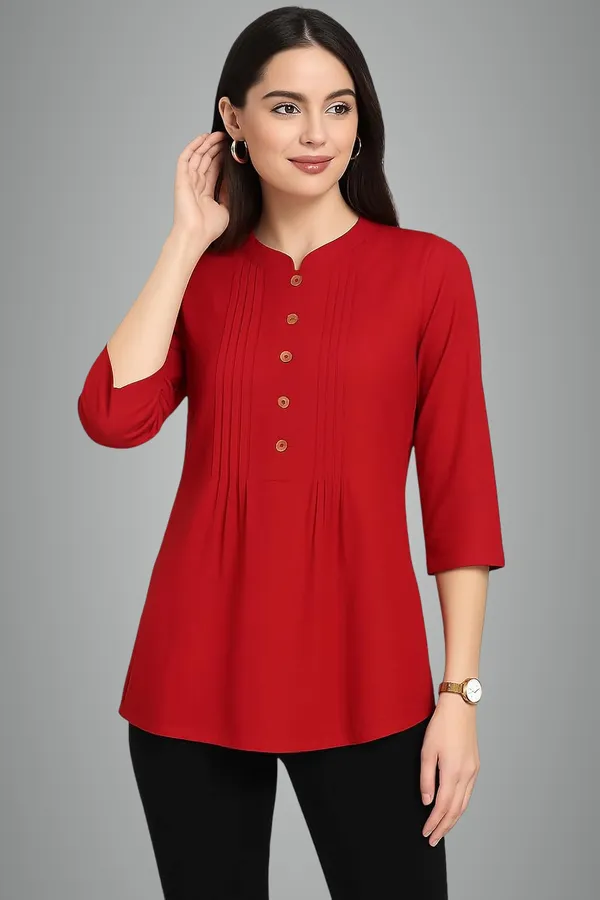 Red_Rayon_Short_Kurti_For_Women_Solid_Pleated_Tops_For_Jeans_For_Women_Ideal_For_Casual_Office_Wear_Tunics_3/4_Sleeve_And_Regular_Fit