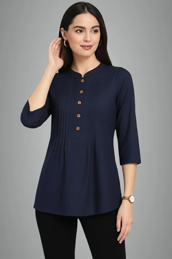 Navy_Blue_Rayon_Short_Kurti_For_Women_Solid_Pleated_Tops_For_Jeans_For_Women_Ideal_For_Casual_Office_Wear_Tunics_3/4_Sleeve_And_Regular_Fit