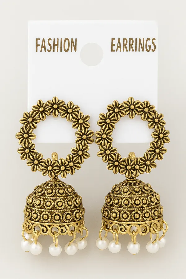 Antique_Gold_With_White_Pearls_Floral_Jhumka_Earrings_With_Pearls