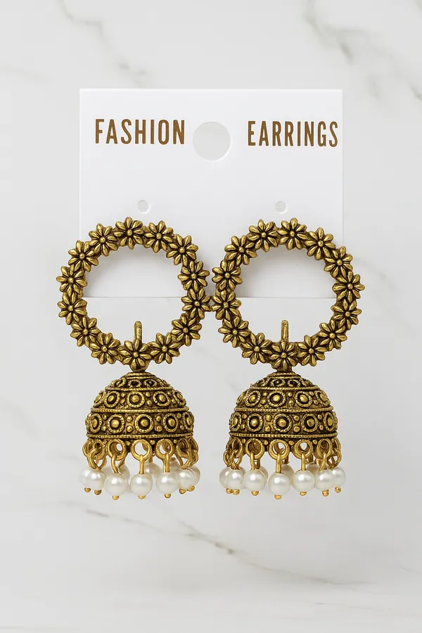 Antique_Gold_With_White_Pearls_Floral_Jhumka_Earrings_With_Pearls