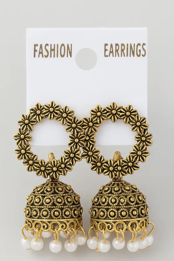 Antique_Gold_With_White_Pearls_Floral_Jhumka_Earrings_With_Pearls