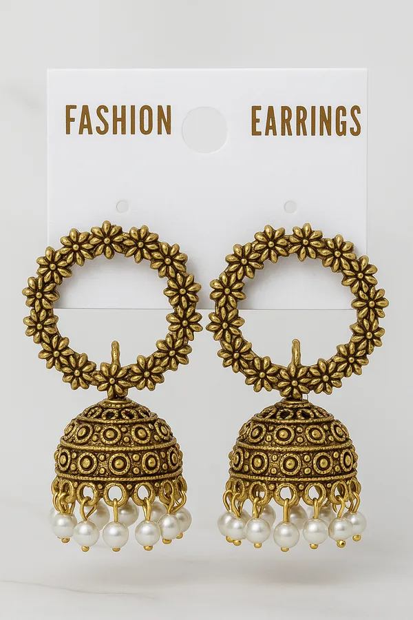 Antique_Gold_With_White_Pearls_Floral_Jhumka_Earrings_With_Pearls