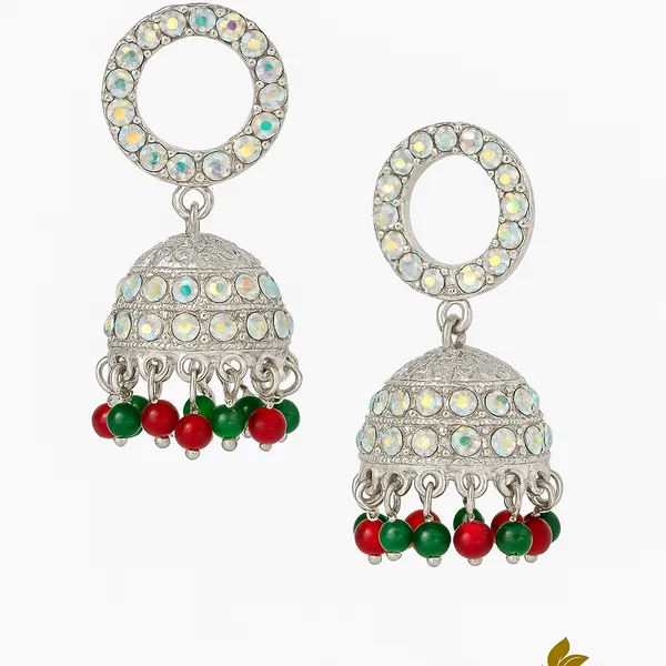 Golden_With_Red_&_Green_Accents_Limited_Edition_Festive_Mirror_Finish_With_Beads_Jhumka_Earrings