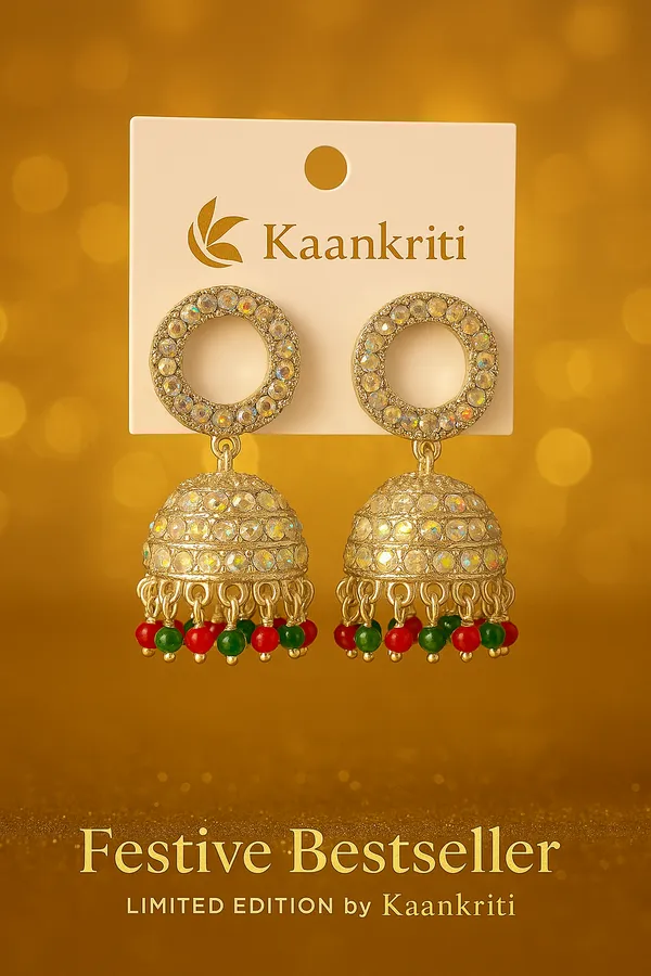 Golden_With_Red_&_Green_Accents_Limited_Edition_Festive_Mirror_Finish_With_Beads_Jhumka_Earrings