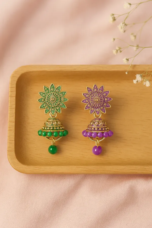 Green_&_Purple_Handcrafted_Combo_Antique_Gold_Finish_Festive_Ethnic_Jewellery_Jhumka_Earrings_(Pack_Of_2)