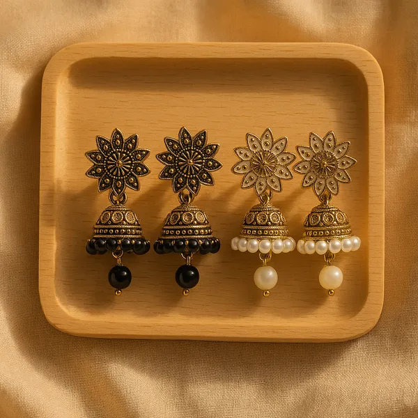 Black_&_White_Handcrafted_Combo_Antique_Gold_Finish_Elegant_Traditional_Ethnic_Jewelry_Jhumka_Earrings_(Pack_Of_2)