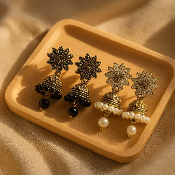 Black_&_White_Handcrafted_Combo_Antique_Gold_Finish_Elegant_Traditional_Ethnic_Jewelry_Jhumka_Earrings_(Pack_Of_2)