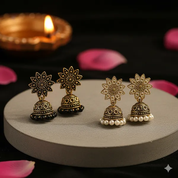 Black_&_White_Handcrafted_Combo_Antique_Gold_Finish_Elegant_Traditional_Ethnic_Jewelry_Jhumka_Earrings_(Pack_Of_2)