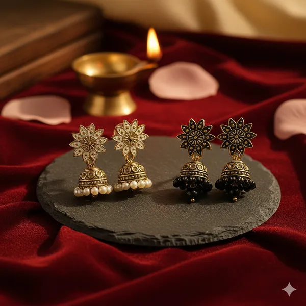 Black_&_White_Handcrafted_Combo_Antique_Gold_Finish_Elegant_Traditional_Ethnic_Jewelry_Jhumka_Earrings_(Pack_Of_2)