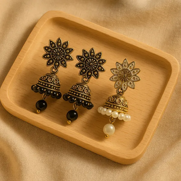 Black_&_White_Handcrafted_Combo_Antique_Gold_Finish_Elegant_Traditional_Ethnic_Jewelry_Jhumka_Earrings_(Pack_Of_2)