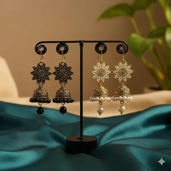 Black_&_White_Handcrafted_Combo_Antique_Gold_Finish_Elegant_Traditional_Ethnic_Jewelry_Jhumka_Earrings_(Pack_Of_2)