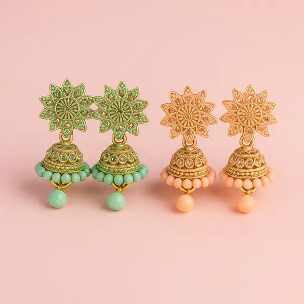 Mint_Green_&_Peach_Handcrafted_Combo_Gold-Toned_Elegant_Ethnic_Jewelry_Jhumka_Earrings_(Pack_Of_2)