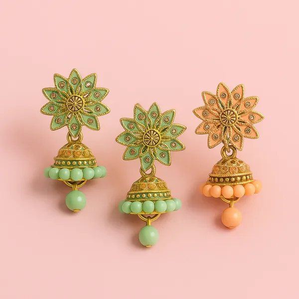 Mint_Green_&_Peach_Handcrafted_Combo_Gold-Toned_Elegant_Ethnic_Jewelry_Jhumka_Earrings_(Pack_Of_2)