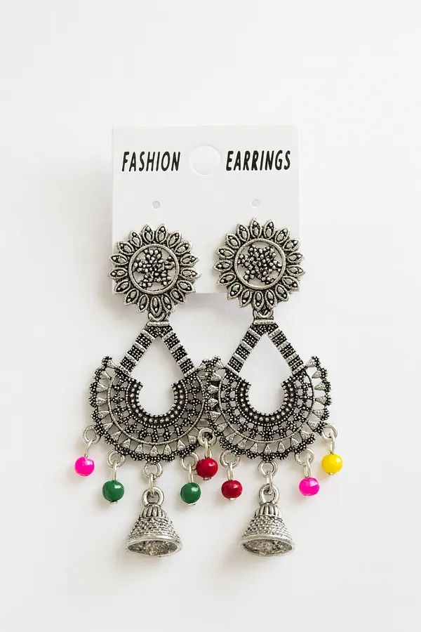 Pink_&_Green_&Yellow_&_Red_Silver_Oxidized_Beaded_Handcrafted_Boho_Style_Jhumka_Earrings
