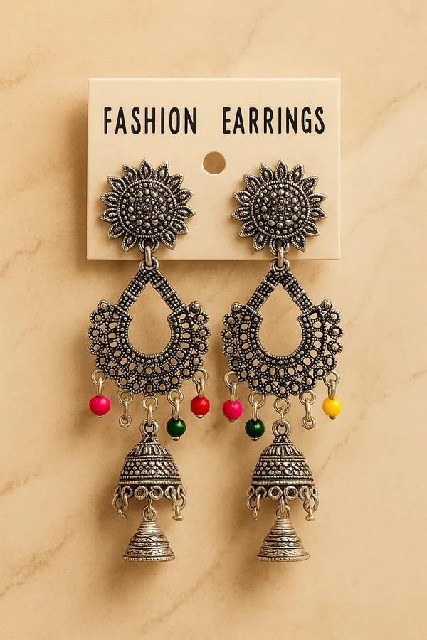 Pink_&_Green_&Yellow_&_Red_Silver_Oxidized_Beaded_Handcrafted_Boho_Style_Jhumka_Earrings