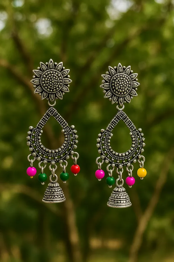 Pink_&_Green_&Yellow_&_Red_Silver_Oxidized_Beaded_Handcrafted_Boho_Style_Jhumka_Earrings
