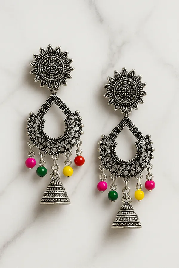 Pink_&_Green_&Yellow_&_Red_Silver_Oxidized_Beaded_Handcrafted_Boho_Style_Jhumka_Earrings