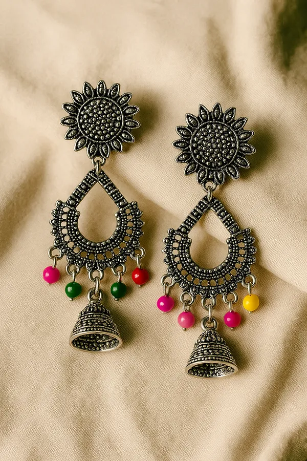 Pink_&_Green_&Yellow_&_Red_Silver_Oxidized_Beaded_Handcrafted_Boho_Style_Jhumka_Earrings