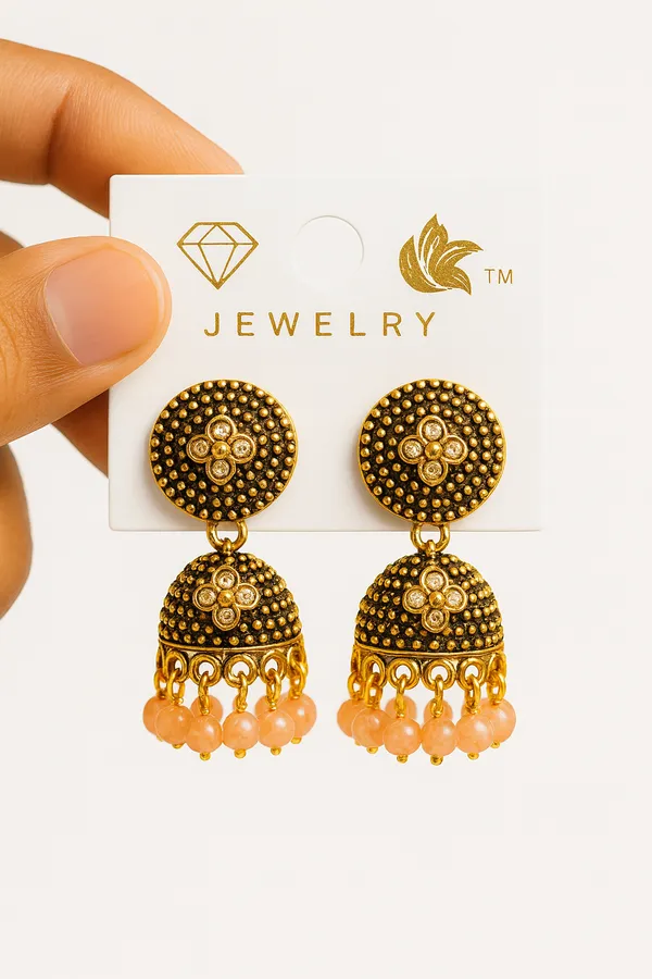 Antique_Gold_With_Soft_Peach_Beads_Bloom_Jhumka_Earrings
