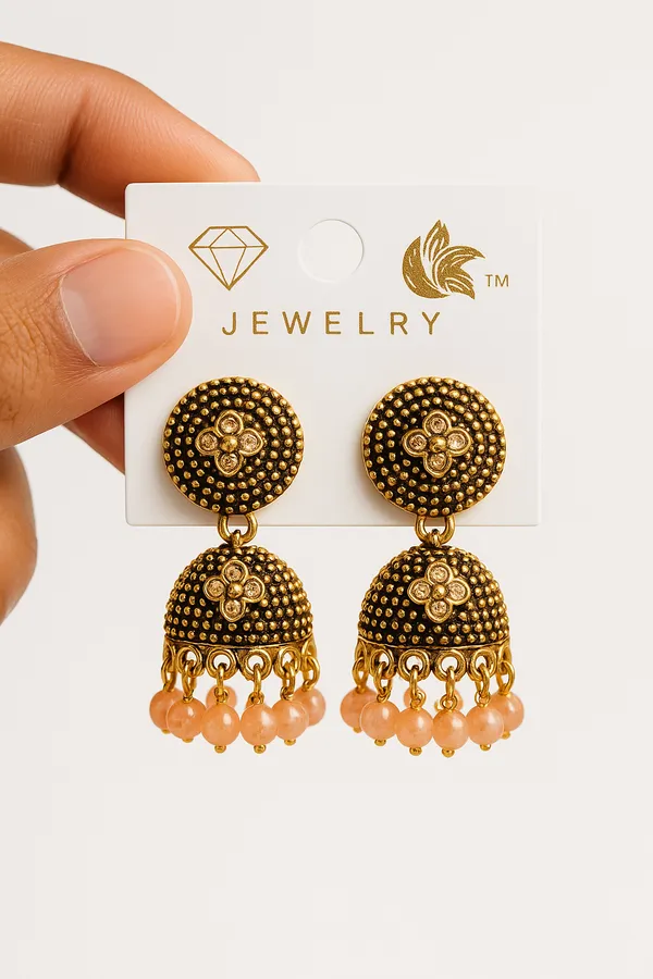 Antique_Gold_With_Soft_Peach_Beads_Bloom_Jhumka_Earrings