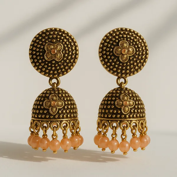 Antique_Gold_With_Soft_Peach_Beads_Bloom_Jhumka_Earrings