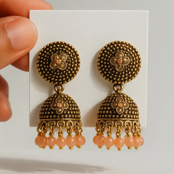 Antique_Gold_With_Soft_Peach_Beads_Bloom_Jhumka_Earrings