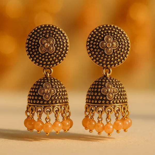 Antique_Gold_With_Soft_Peach_Beads_Bloom_Jhumka_Earrings
