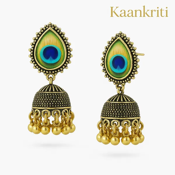 Antique_Gold_&_Green_&_Blue_Mor_Pankh_Inspired_Jhumka_Handcrafted_Elegant_Ethnic_Jewelry_Earrings