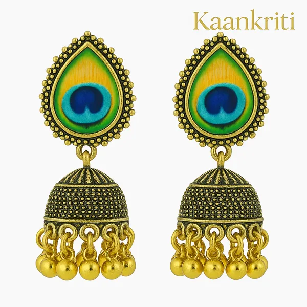 Antique_Gold_&_Green_&_Blue_Mor_Pankh_Inspired_Jhumka_Handcrafted_Elegant_Ethnic_Jewelry_Earrings