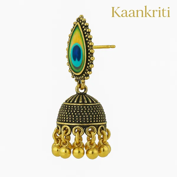 Antique_Gold_&_Green_&_Blue_Mor_Pankh_Inspired_Jhumka_Handcrafted_Elegant_Ethnic_Jewelry_Earrings