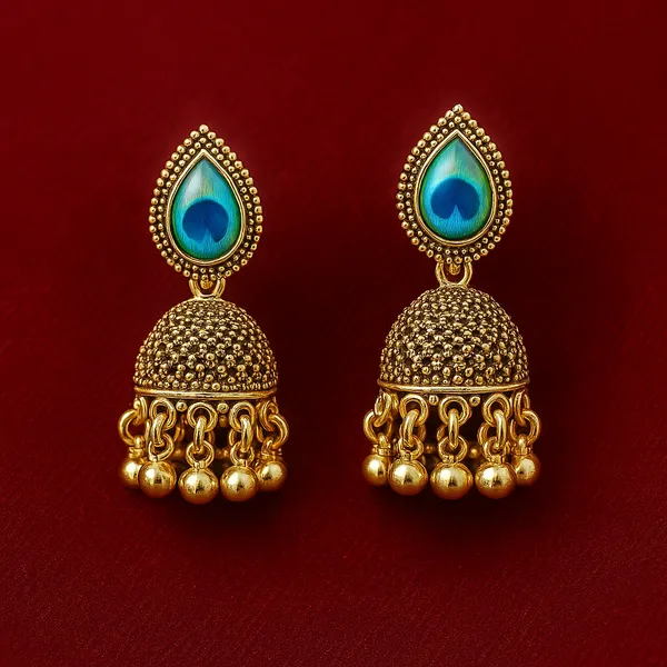Antique_Gold_&_Green_&_Blue_Mor_Pankh_Inspired_Jhumka_Handcrafted_Elegant_Ethnic_Jewelry_Earrings