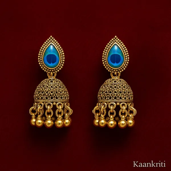 Antique_Gold_&_Green_&_Blue_Mor_Pankh_Inspired_Jhumka_Handcrafted_Elegant_Ethnic_Jewelry_Earrings