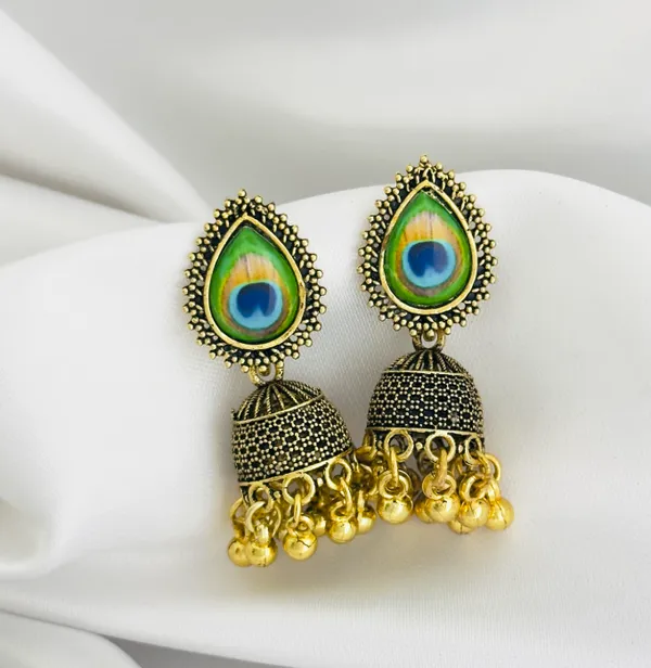 Antique_Gold_&_Green_&_Blue_Mor_Pankh_Inspired_Jhumka_Handcrafted_Elegant_Ethnic_Jewelry_Earrings