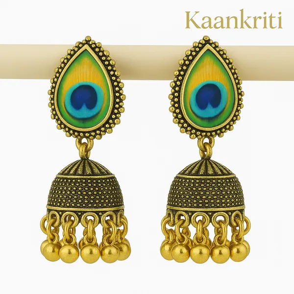 Antique_Gold_&_Green_&_Blue_Mor_Pankh_Inspired_Jhumka_Handcrafted_Elegant_Ethnic_Jewelry_Earrings