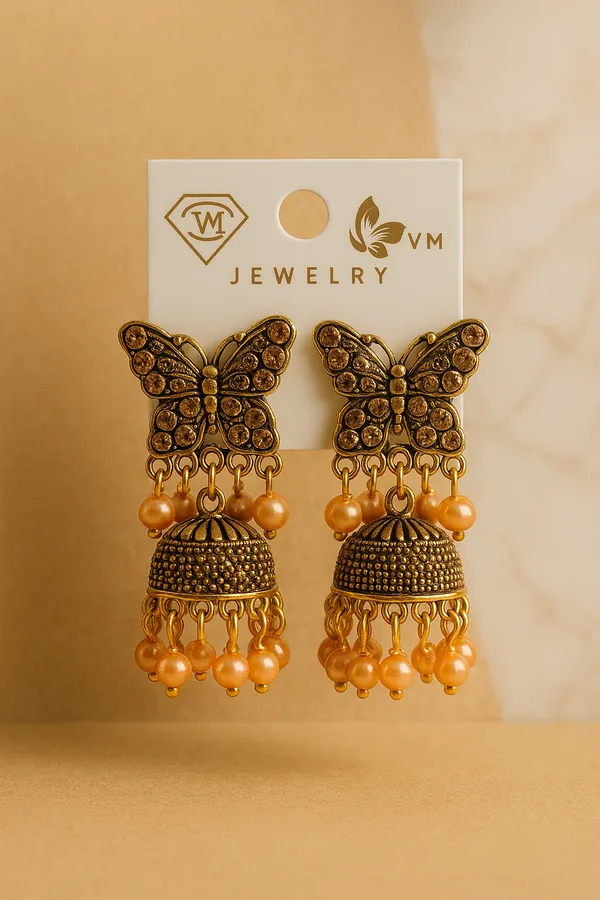 Antique_Gold_With_Peach_Beads_Butterfly_Handcrafted_Collection_Jhumka_Earrings