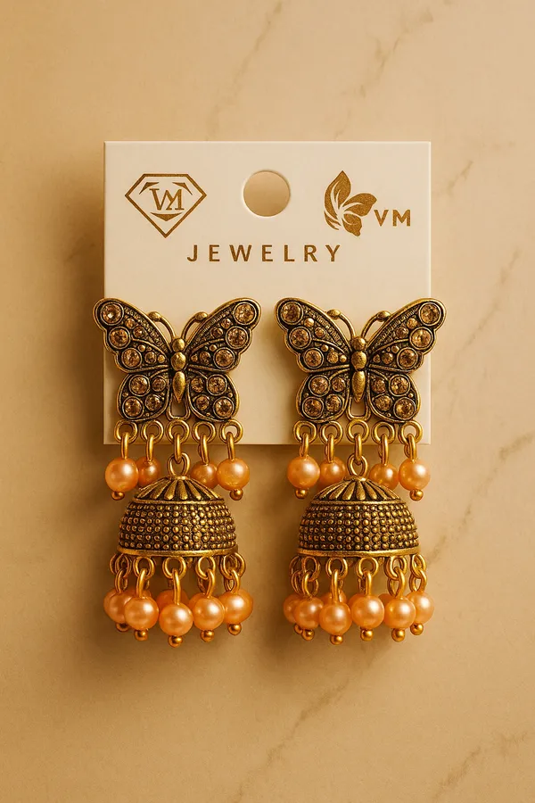 Antique_Gold_With_Peach_Beads_Butterfly_Handcrafted_Collection_Jhumka_Earrings