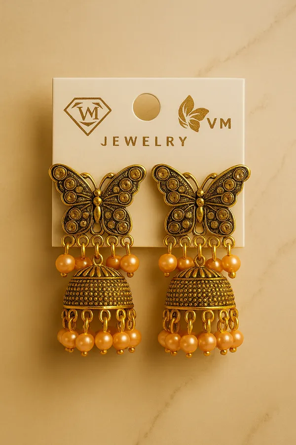 Antique_Gold_With_Peach_Beads_Butterfly_Handcrafted_Collection_Jhumka_Earrings
