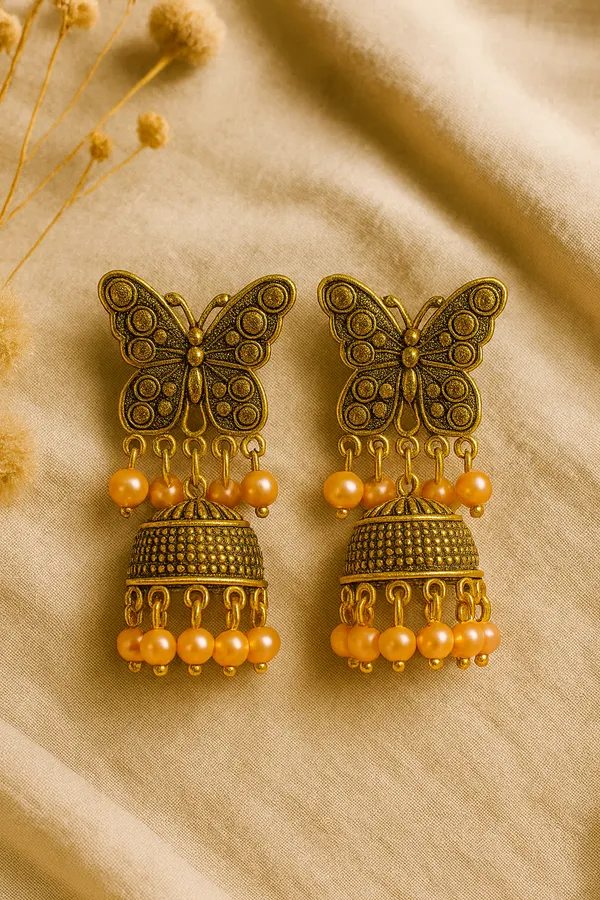 Antique_Gold_With_Peach_Beads_Butterfly_Handcrafted_Collection_Jhumka_Earrings