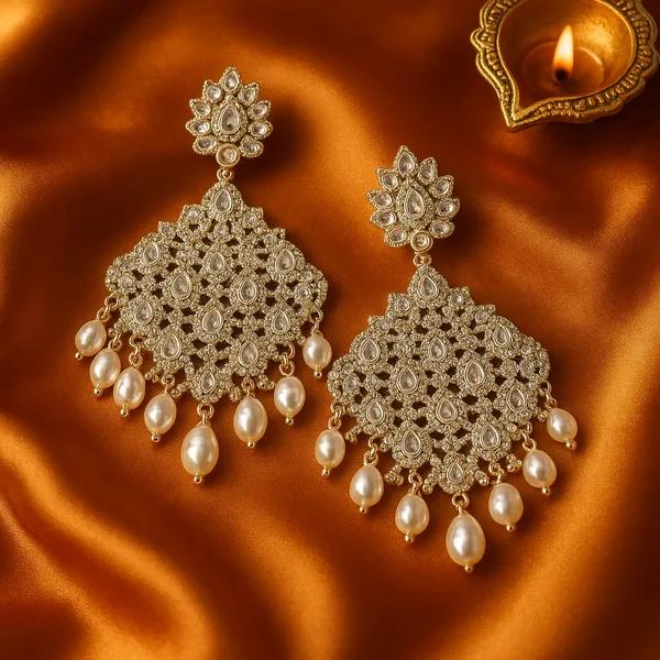 Silver_Elegant_Kundan_Pearl_Chandelier_Earrings