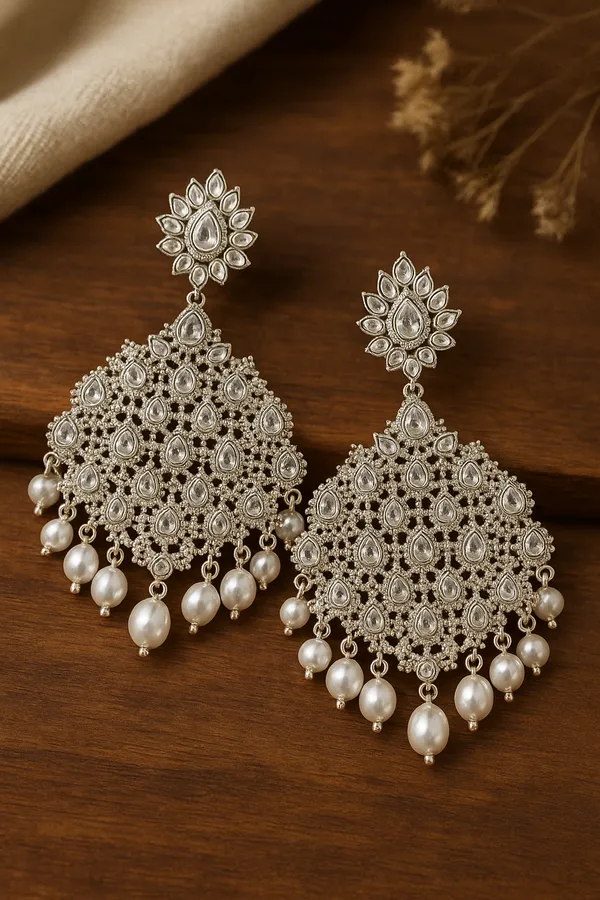 Silver_Elegant_Kundan_Pearl_Chandelier_Earrings