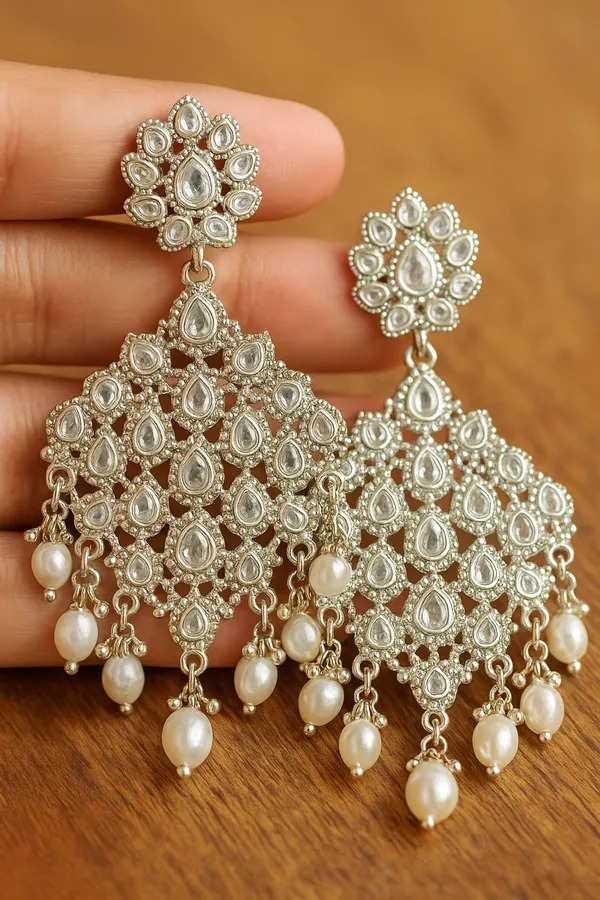 Silver_Elegant_Kundan_Pearl_Chandelier_Earrings