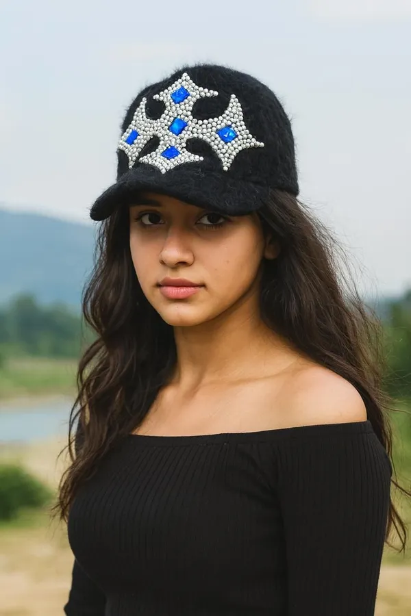 Black_Wool_Embellished_Sports/Regular_Cap_For_Women