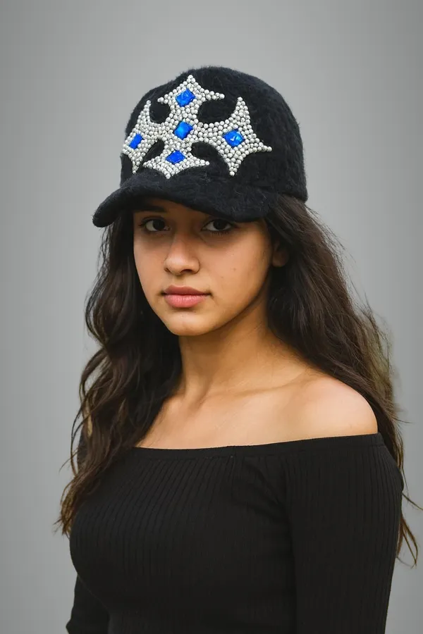 Black_Wool_Embellished_Sports/Regular_Cap_For_Women