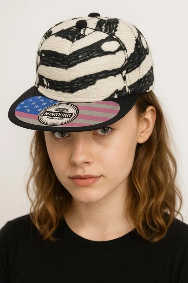 White_&_Black_Cotton_Printed_Snapback_Cap_For_Women