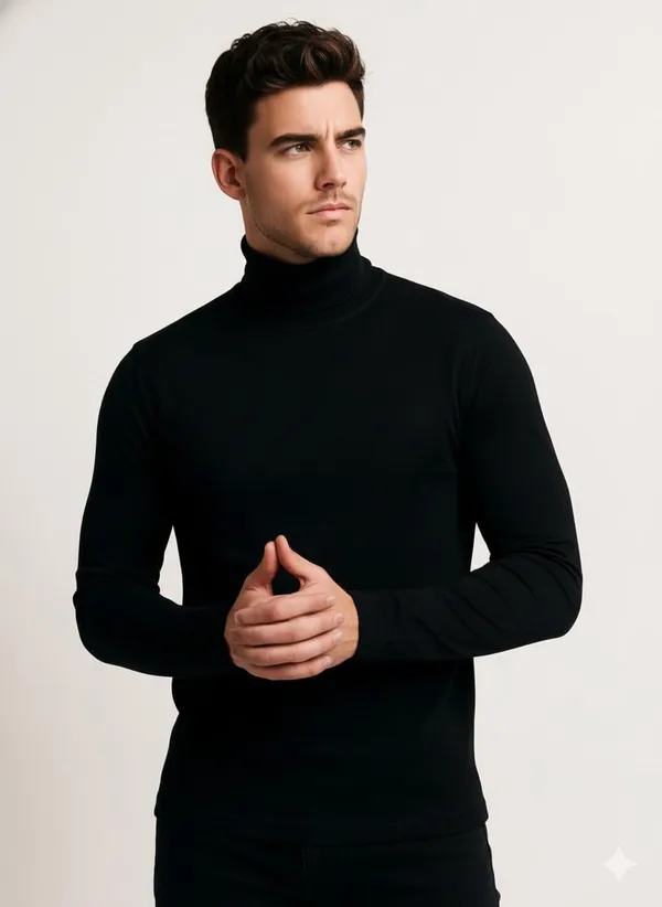 Black_Wool_Blend_Solid_High_Neck_Casual_Sweater_For_Men