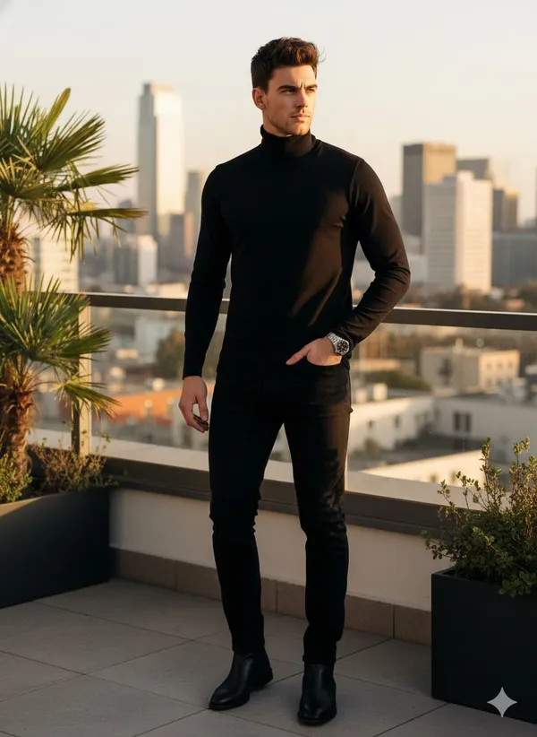 Black_Wool_Blend_Solid_High_Neck_Casual_Sweater_For_Men