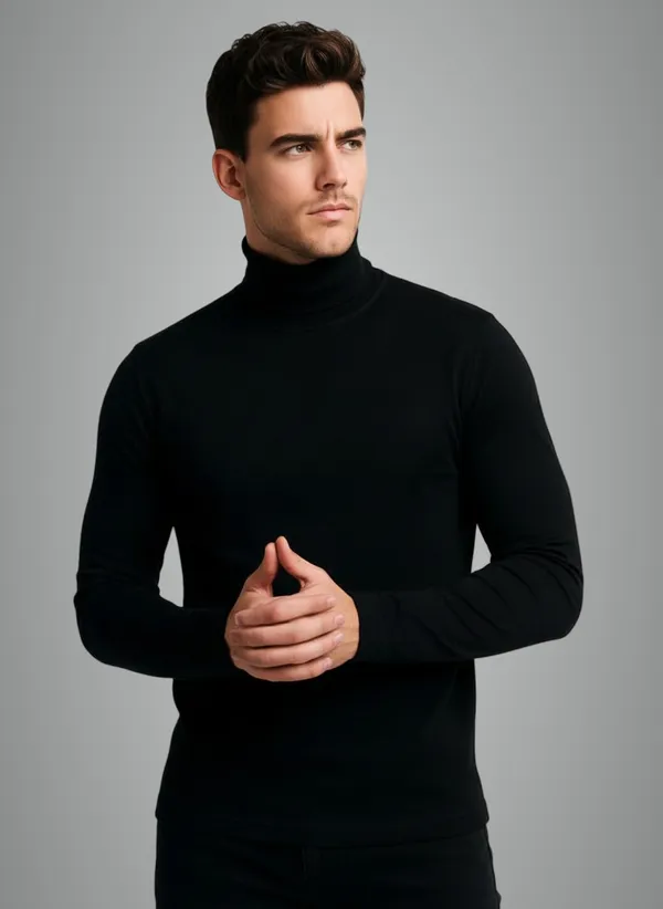 Black_Wool_Blend_Solid_High_Neck_Casual_Sweater_For_Men